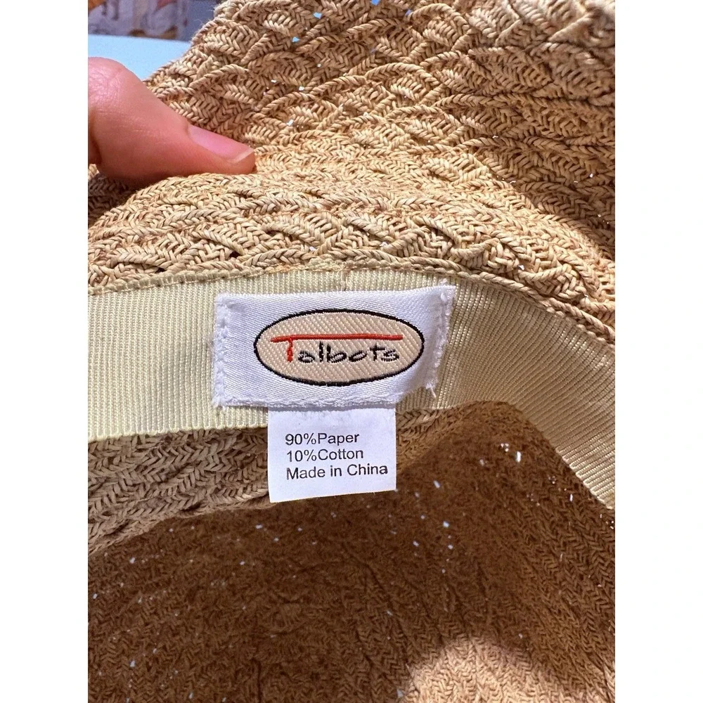 Talbots Woven Straw Sun Hat Wide Brim Paper Cotton Blend With Bow‎ Natural Tan